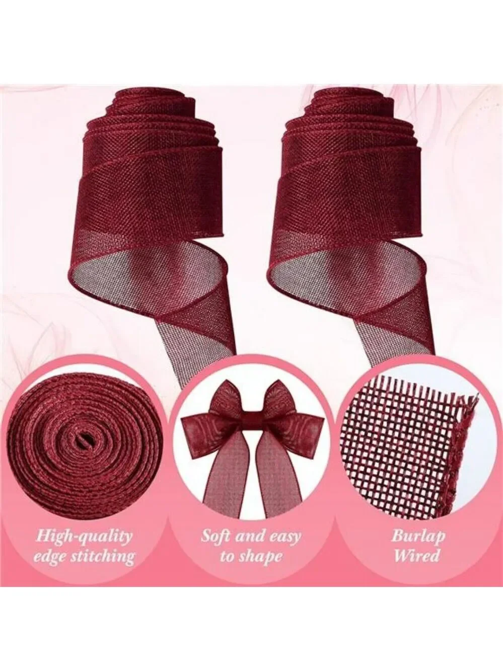 Burgundy Burlap Wired Ribbon 2 5 Inch x 10 Yards Roll for Wreaths Bows Crafts